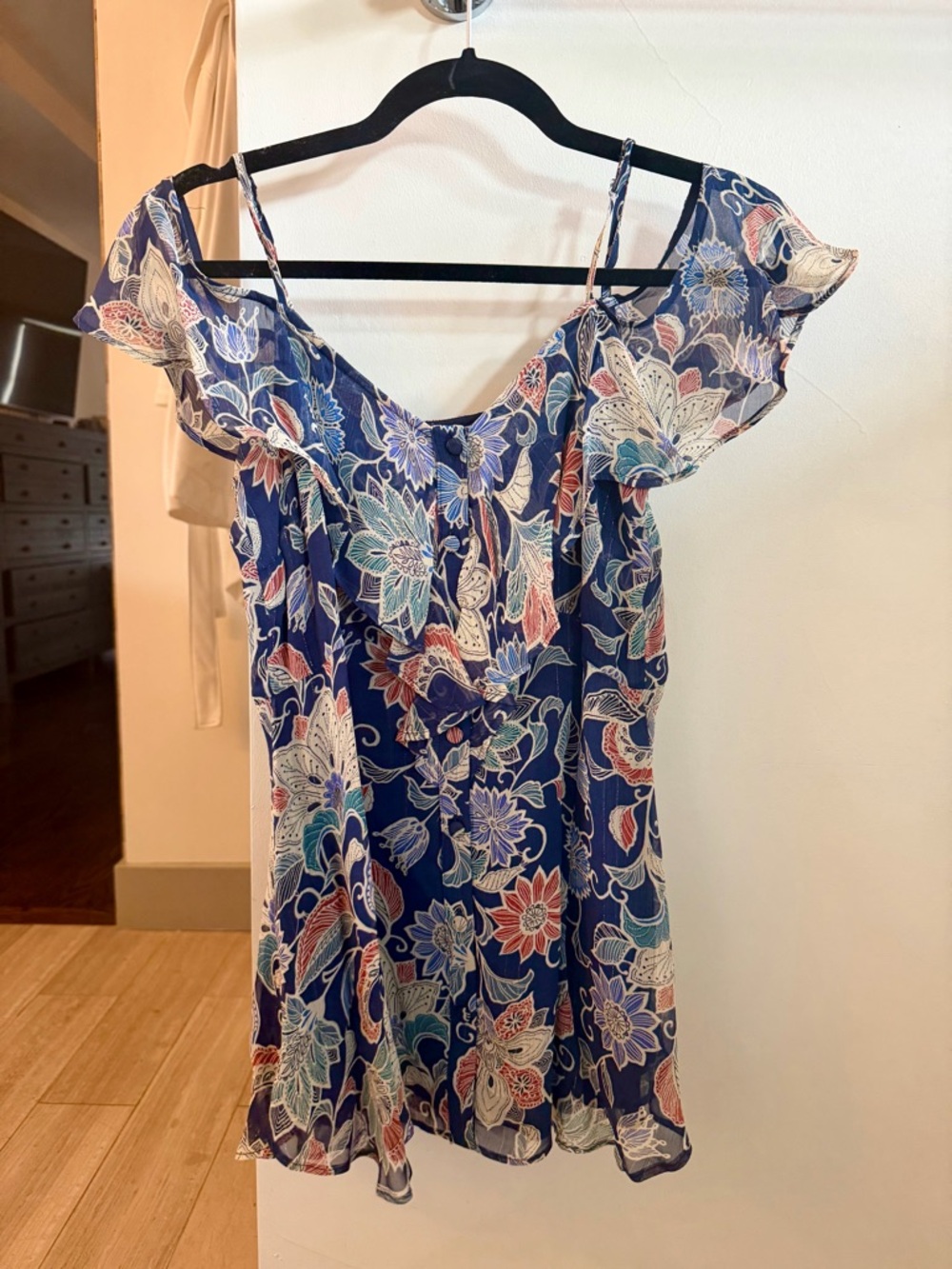 Anthropologie Navy Floral Ruffle-Shoulder Blouse